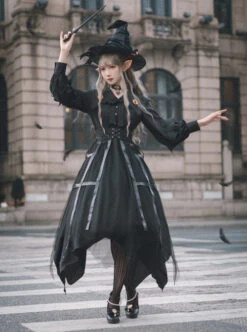 Cat-eye Series OP Black Halloween Darkness Retro Irregular Hem Gothic Lolita Long Sleeve Dress -MIMY Lolita Shop 4 500x672 6