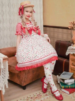 Ice Cherry Series Cherry Floral Print Pleated Mesh Personalized Square Neckline Bow Knots Classic Lolita Dress JSK Shirt Set -MIMY Lolita Shop 4 500x672 606