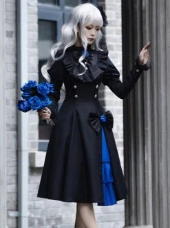 Night Chant Overture Series Blue Rose Bowknot Asymmetrical Design Elegant Classic Lolita Long Sleeves Black Dress Cloak Set -MIMY Lolita Shop 4 500x672 607