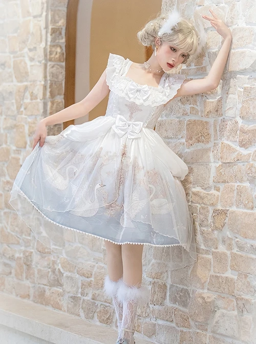 Swan Dream Series Noble White Blue Gradient Elegant Fairy Transparent Tulle Swan Lake Print Classic Lolita Sleeveless Dress 8 Swan Dream Series Noble White Blue Gradient Elegant Fairy Transparent Tulle Swan Lake Print Classic Lolita Sleeveless Dress - Image 6