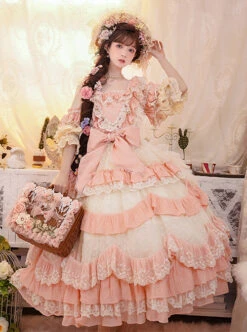 Flower Garden Series OP Pink Pastoral Retro Girl Style Delicate Lace Jacquard Trim Bow Knot Classic Lolita Short Sleeve Dress -MIMY Lolita Shop 4 500x672 617