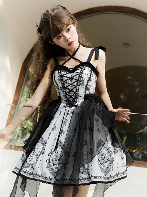 Adjustable Shoulder Strap V Type Lace Neckline Design Butterfly Magic Print Irregular Black Net Yarn Hem Gothic Lolita Sleeveless Dress 4 Adjustable Shoulder Strap V Type Lace Neckline Design Butterfly Magic Print Irregular Black Net Yarn Hem Gothic Lolita Sleeveless Dress - Image 2