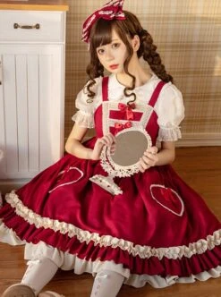 Hawthorn Milk Cover Series Red Cute Daily Lace Bow-Knot Love Heart Decoration Ruffle Hem Classic Lolita Sleeveless Dress -MIMY Lolita Shop 4 500x672 621