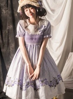 Pastoral Style Round Neck Rose Embroidery Floral Stripe Stitching Pure Color Classic Lolita Short Sleeved Dress -MIMY Lolita Shop 4 500x672 626
