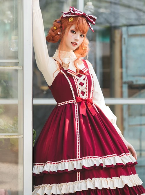 Miss Betty Series Red Vintage Court Bow Lace Ribbon Decorated Ruffle Hem Classic Lolita Sleeveless Dress 3 Miss Betty Series Red Vintage Court Bow Lace Ribbon Decorated Ruffle Hem Classic Lolita Sleeveless Dress