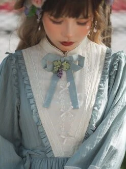 Classic Lolita Simple Jacquard Lace Embroidery Pleated Ruffle Pure Cotton Bow Brooch Decoration Long Sleeves Dress -MIMY Lolita Shop 4 500x672 640