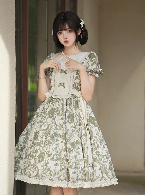 Secret Garden Series Elegant Fresh Doll Collar Bowknot Decorated Green Plant Printed Ruffle Hem Classic Lolita Puff Sleeve Dress 6 Secret Garden Series Elegant Fresh Doll Collar Bowknot Decorated Green Plant Printed Ruffle Hem Classic Lolita Puff Sleeve Dress - Image 4