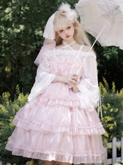 Star Yarn Love Song Series JSK Pure Color Three Stage Cake Hem Oversized Bowknot Trailing Classic Lolita Sleeveless Dress -MIMY Lolita Shop 4 500x672 649
