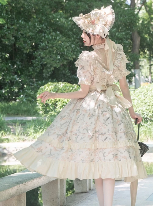 Summer Solstice Series Lace Translucent Design Daisy Cherry Floral Print Ruffle Hem Summer Classic Lolita Short Sleeve Dress 7 Summer Solstice Series Lace Translucent Design Daisy Cherry Floral Print Ruffle Hem Summer Classic Lolita Short Sleeve Dress - Image 5