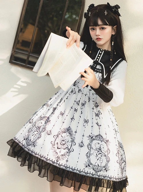 Personality Pointed Teeth Collar Design Leg Of Lamb Sleeve Butterfly Magic Print Black White Gothic Lolita Long-Sleeved Dress 3 Personality Pointed Teeth Collar Design Leg Of Lamb Sleeve Butterfly Magic Print Black White Gothic Lolita Long-Sleeved Dress