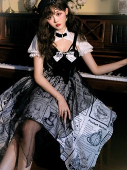 Black White Alice Series OP Retro Splicing Irregular Hem Punk Lolita Short Sleeve Dress -MIMY Lolita Shop 4 500x672 684