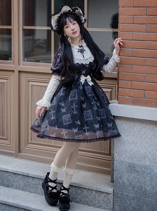 Lace Stitching Round Neck Butterfly Embroidery Cute Puff Sleeve Butterfly Print Daily Simple Gothic Lolita Short Sleeve Dress 3 Lace Stitching Round Neck Butterfly Embroidery Cute Puff Sleeve Butterfly Print Daily Simple Gothic Lolita Short Sleeve Dress