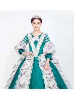 Retro Green Neckline Printed Bow Mid-length Trumpet Sleeve European Court Lolita Prom Dress -MIMY Lolita Shop 4 500x672 697