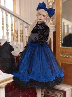Lonely Laura Series Elegant Mysterious Jacquard Detachable Blue Rose Bowknot Lace Petal Hem Design Gothic Lolita Long Sleeve Dress -MIMY Lolita Shop 4 500x672 7