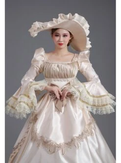 Champagne Square Collar Long Sleeve Lace Bow Shirring Hem Court Prom Lolita Dress -MIMY Lolita Shop 4 500x672 713