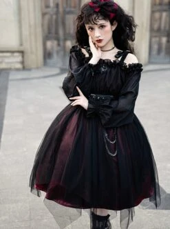 Girl Killer Series Dark Sweet Cool Irregular Halloween Crape Ruffle Bowknots Belt Chain Gothic Lolita Long Sleeves Dress -MIMY Lolita Shop 4 500x672 73