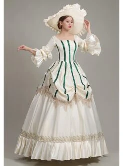 White Long Green Vertical Stripe Decoration Puff Long Sleeve Royal Dinner Annual Meeting Party Retro Court Lolita Prom Dress -MIMY Lolita Shop 4 500x672 756