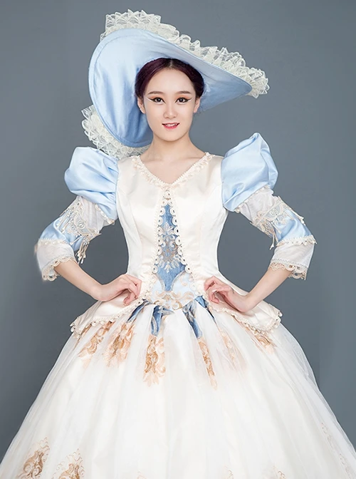 Blue Puff Sleeve Light Champagne Hem Lace Embroidery Classical Court Party Lolita Prom Dress 7 Blue Puff Sleeve Light Champagne Hem Lace Embroidery Classical Court Party Lolita Prom Dress - Image 5