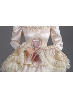 Champagne Classical Style Long Sleeve Multilayer Delicate Lace Collar And Hem Court Prom Lolita Dress -MIMY Lolita Shop 4 500x672 765