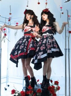 Large Bow High Waist Print Elegant Halter Detachable Belt Irregular Gothic Lolita Sleeveless Dress -MIMY Lolita Shop 4 500x672 77