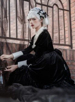 Black Velvet Vintage Elegant Lace Lapel Pearl Crucifix Decorative Gothic Lolita Long Sleeve Dress 13 Black Velvet Vintage Elegant Lace Lapel Pearl Crucifix Decorative Gothic Lolita Long Sleeve Dress -MIMY Lolita Shop 4 500x672 80