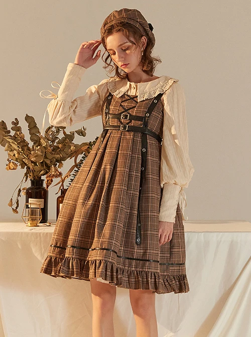 Little Detective Series JSK School Lolita Brown Plaid Sling Dress And Cloak 10 Little Detective Series JSK School Lolita Brown Plaid Sling Dress And Cloak - Image 8