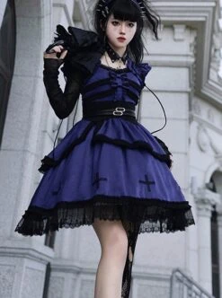Cycle Series Klein Blue Velvet Halloween Cross Lace Gothic Lolita Short Sleeve Dress -MIMY Lolita Shop 4 500x672 94