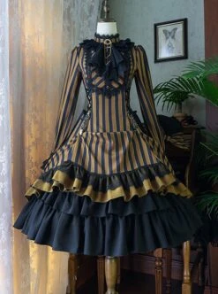 Gothic Style Elegant Retro Stand Collar Stripe Contrasting Color Slim Fit Gothic Lolita Long Sleeve Dress -MIMY Lolita Shop 4 500x672 96