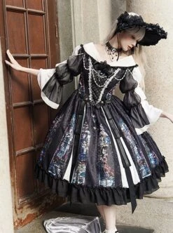 Black Classical Palace Style Gorgeous Colorful Windows Retro Lace Necklace Hat Gothic Lolita Long Sleeves Dress Set -MIMY Lolita Shop 4 500x672 97