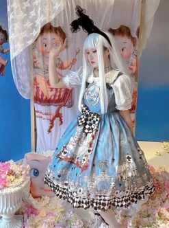 Gothic Style Alice Poker Black-White Plaid Printing Gray Blue Gothic Lolita Sleeveless Dress -MIMY Lolita Shop 5 500x672 107