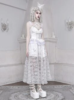 Perspective White Lace Hem Design Asymmetric Stitching V-Neck Detachable Pentagram Accessories Gothic Lolita Sleeveless Dress -MIMY Lolita Shop 5 500x672 11