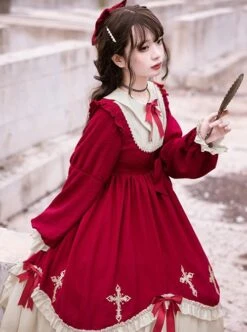 Starry Night Series Round Neck Bowknot Cute Girly Cross Embroidery Ruffle Hem Gothic Lolita Long Sleeve Dress -MIMY Lolita Shop 5 500x672 122