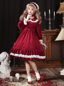 Vintage Velvet Pearl Jacquard Lace Gorgeous Back Slit Bowknot Gothic Lolita Long Sleeve Dress -MIMY Lolita Shop 5 500x672 127