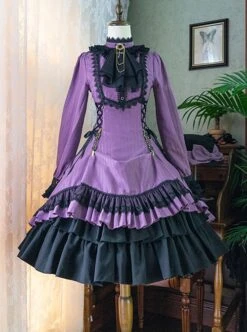 Gothic Style Pure Color Retro Elegant Stand Collar Striped Gothic Lolita Slim Fit Long Sleeve Dress -MIMY Lolita Shop 5 500x672 13