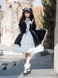 Contract Phantom Night Stone Series Gothic Girl Court Style Black White Detachable Sleeves Gothic Lolita Short-Sleeved Dress -MIMY Lolita Shop 5 500x672 133