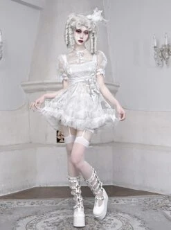 Gothic White Chiffon Puff Sleeve Thorn Jacquard Asymmetrical Hem Design Gothic Lolita Short Sleeve Dress -MIMY Lolita Shop 5 500x672 138