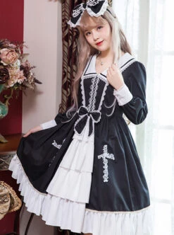 Black And White Bowknot Lace Crucifix Gothic Lolita Lapel Long Sleeve Dress -MIMY Lolita Shop 5 500x672 143