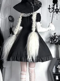 Spider Witch Series Cobweb Doll Collar Cobweb Black High Waist Ruffle Cross Straps Gothic Lolita Puff Sleeves Dress -MIMY Lolita Shop 5 500x672 144