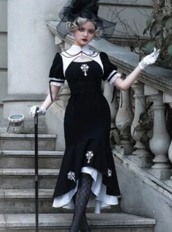 Undead Prayer Series Nun Style Black-White Cross Embroidered Fishtail Skirt Lace Cover Skirt Gothic Lolita Short-Sleeved Dress -MIMY Lolita Shop 5 500x672 147