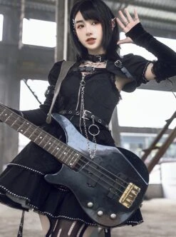 Imprisonment Song Series Silver Chain Leather Belt Sweet Cool Dark Black Punk Gothic Lolita Vest Puff Sleeves Dress Set -MIMY Lolita Shop 5 500x672 149