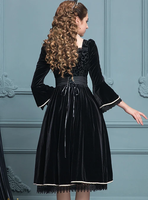 Black Velour Lace Edge Gothic Lolita Long Sleeve Dress 6 Black Velour Lace Edge Gothic Lolita Long Sleeve Dress - Image 4