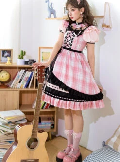 Tsubaki Sakura Series OP Idol Singing Clothes Black Sweet Pink Plaid Sweet Lolita Short Sleeve Dress -MIMY Lolita Shop 5 500x672 186