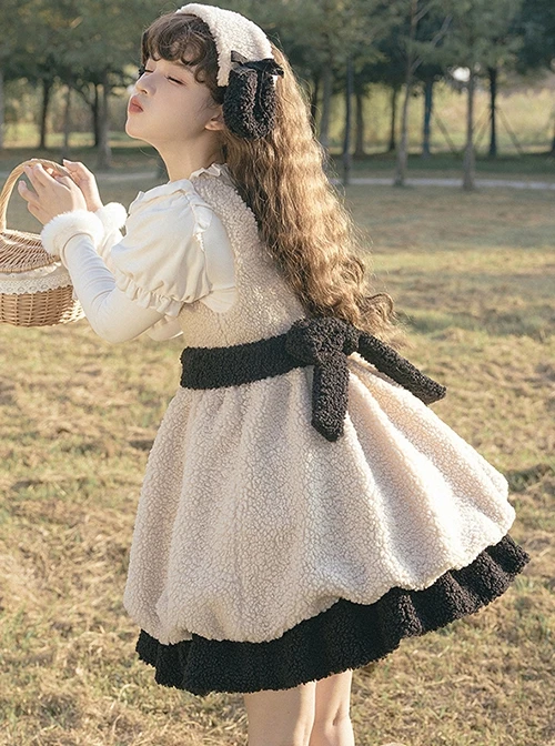 Lamb Ollie Series Apricot Cute Soft Lambswool Stitched Black Bowknot Belt Ruffled Hem Sweet Lolita Sleeveless Dress JSK Set 6 Lamb Ollie Series Apricot Cute Soft Lambswool Stitched Black Bowknot Belt Ruffled Hem Sweet Lolita Sleeveless Dress JSK Set - Image 4