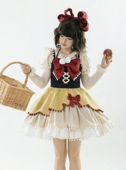 Autumn Winter Special Edition Multicolor Splicing Design Big Bowknot Cute Fur Ball Plaid Snow White Matcha Sweet Lolita Sleeveless Dress JSK -MIMY Lolita Shop 5 500x672 195