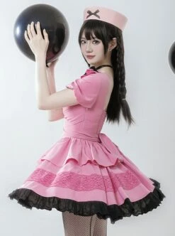 Sweet Whisper Series Black Pink Y2K Landmine Girl Ruffled Crew Neck Lace Sweet Lolita Fluffy Bowknot Short Sleeve Dress -MIMY Lolita Shop 5 500x672 209