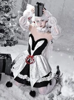 Winter Carol Series Gothic Christmas Plush V-Neck Tube Top Design Sharp Corner Hem Plush Ball Decoration Gothic Lolita Sleeveless Dress Set -MIMY Lolita Shop 5 500x672 21