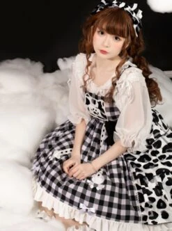 Meow Claw Planet Series Black-White Plaid Cute Cat Claw Leopard Print Bowknot Sweet Lolita Sleeveless Dress 11 Meow Claw Planet Series Black-White Plaid Cute Cat Claw Leopard Print Bowknot Sweet Lolita Sleeveless Dress -MIMY Lolita Shop 5 500x672 210