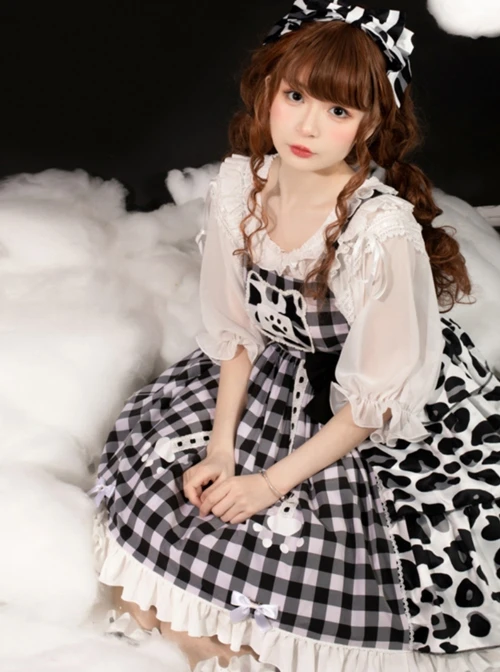 Meow Claw Planet Series Black-White Plaid Cute Cat Claw Leopard Print Bowknot Sweet Lolita Sleeveless Dress 7 Meow Claw Planet Series Black-White Plaid Cute Cat Claw Leopard Print Bowknot Sweet Lolita Sleeveless Dress - Image 5