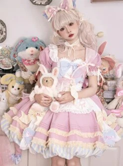 Pink Sweet Cute Little Maid Print Apron Puff Sleeves Bowknot Decoration Girls Sweet Lolita Short Sleeve Dress -MIMY Lolita Shop 5 500x672 214