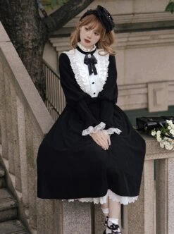 Silent Poem Series Black Nun Autumn Winter White Ruffles Lace Classic Retro Gothic Style Lamb Leg Sleeves Dress -MIMY Lolita Shop 5 500x672 22